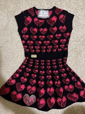 Philipp Plein Black & Hot Pink Heart Knit Skater Dress
